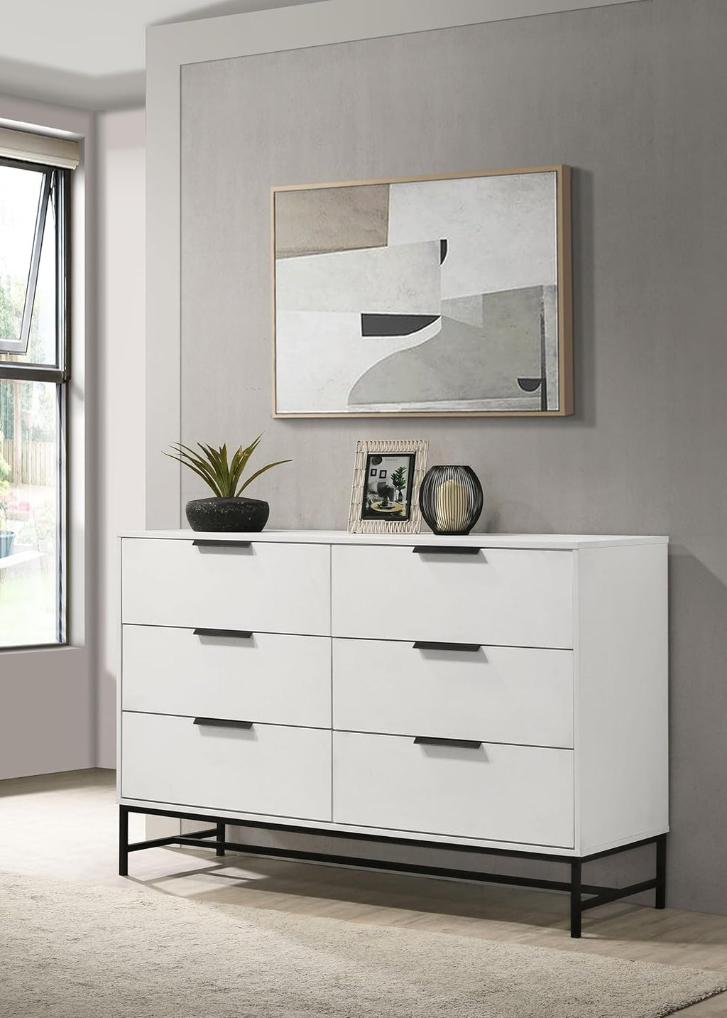 Coaster Home Furnishings - Sonora - Melamine - 6-Drawer Dresser with Contemporary Style, Black Metal Base, Bar Pull Handles, Rectangular Structure, Tip-Over Restraint - Bedroom - White - 224863