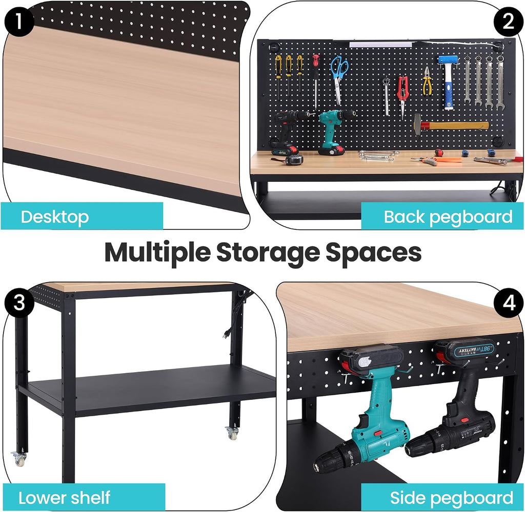 Antifir 48' Adjustable Height Workbench for Garage Work Table with Under Table Shelf & Pegboard, Max Load 2000 LBS Heavy Duty Wood Work Bench with Power Outlet for Commercial, Workshop, Office, Home
