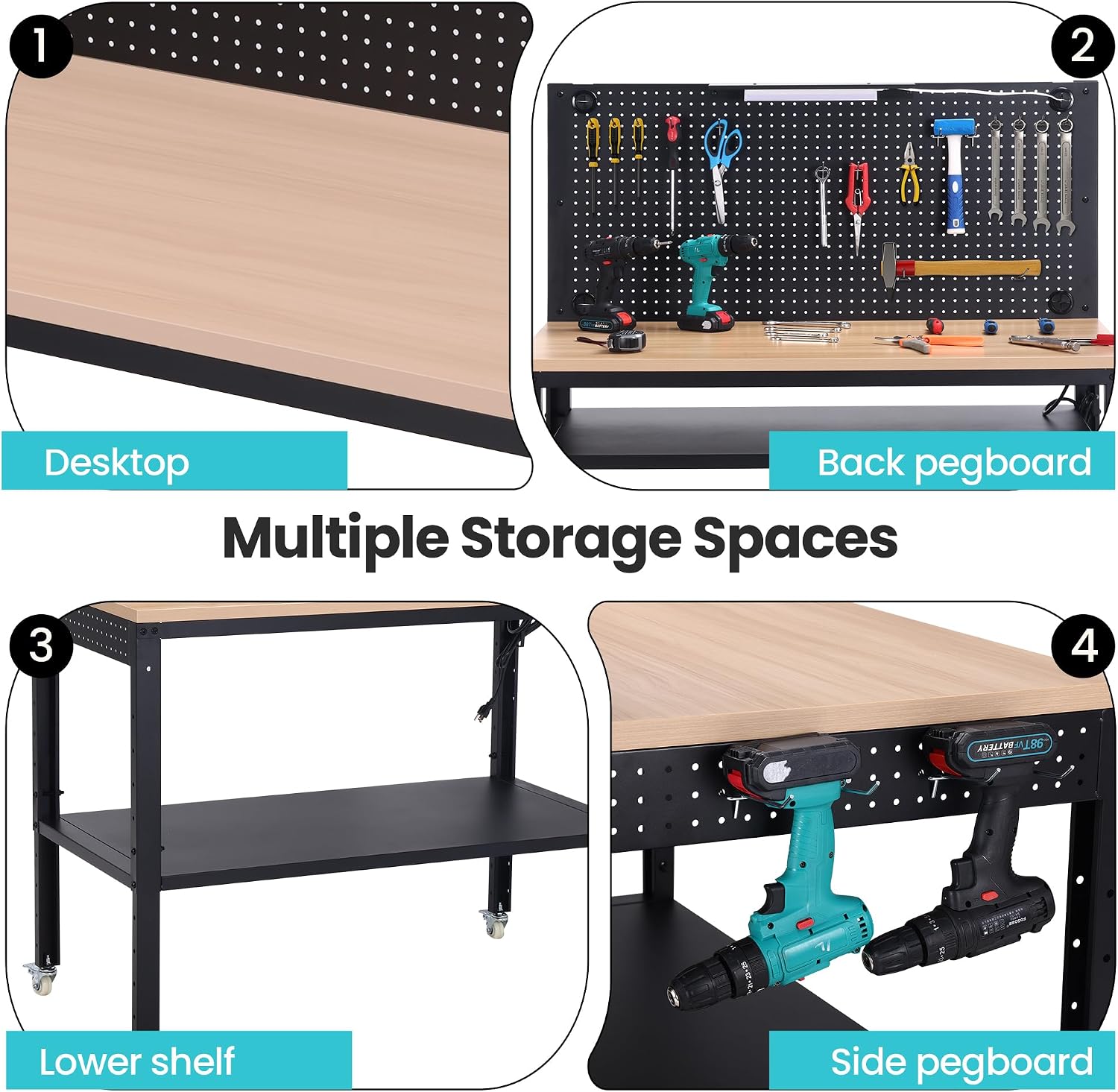 Antifir 48' Adjustable Height Workbench for Garage Work Table with Under Table Shelf & Pegboard, Max Load 2000 LBS Heavy Duty Wood Work Bench with Power Outlet for Commercial, Workshop, Office, Home