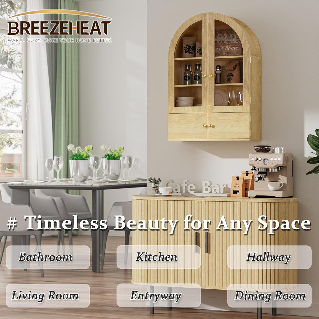 BREEZEHEAT Arched Medicine Cabinet Wall Mounted, Arched Bathroom Wall Cabinet with Glass Doors, Adjustable Shelf, Wall Over Toilet Cabinet for Bathroom, Kitchen, Laundry Room, Natural Oak