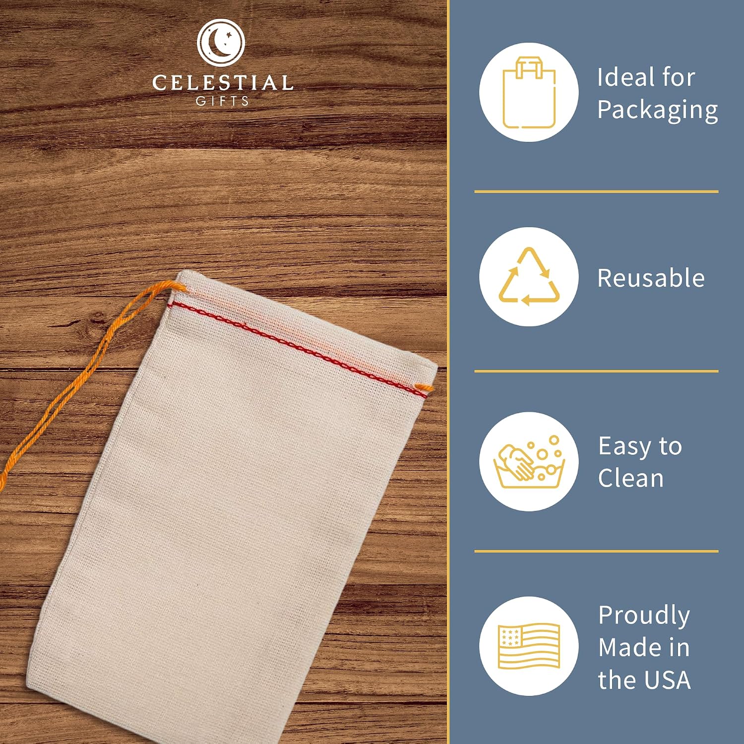 Celestial Gifts Muslin Bags with Drawstring 100pcs, 8x12 - Large Drawstring Bags Bulk - For Shoes, Parts, Gifts, Party Favors and DIY Crafts - 100% Cotton - Made in USA - (Red Hem & Orange Drawstring)