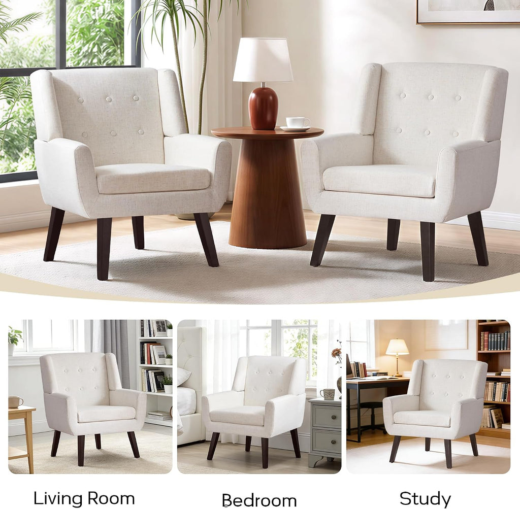 HUIMO Accent Chair for Living Room, Upholstered Button Tufted Armchair with Wooden Legs, Linen Fabric Sofa Chairs for Bedroom, Living Room, Mid-Century Modern Comfy Reading Chair (Beige)