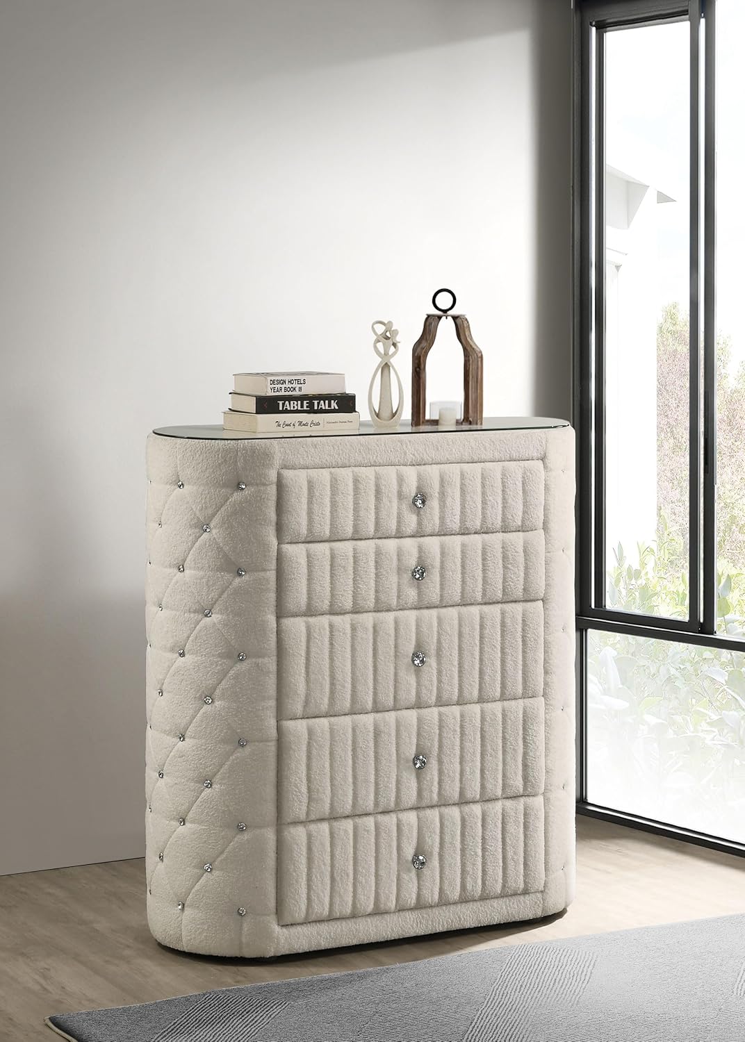 Coaster Home Furnishings - Sonya - Wood - 5-Drawer Chest with Crystal-Like Pulls, Diamond Tufting and Glass Top - Bedroom - Ivory - 360115
