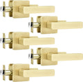 Leydebong 5 Pack Passage Door Handles, Satin Brass Door Knobs Interior, Hallway Closet Door Levers, Heavy Duty Square Door Handle, Reversible for Left or Right Handles