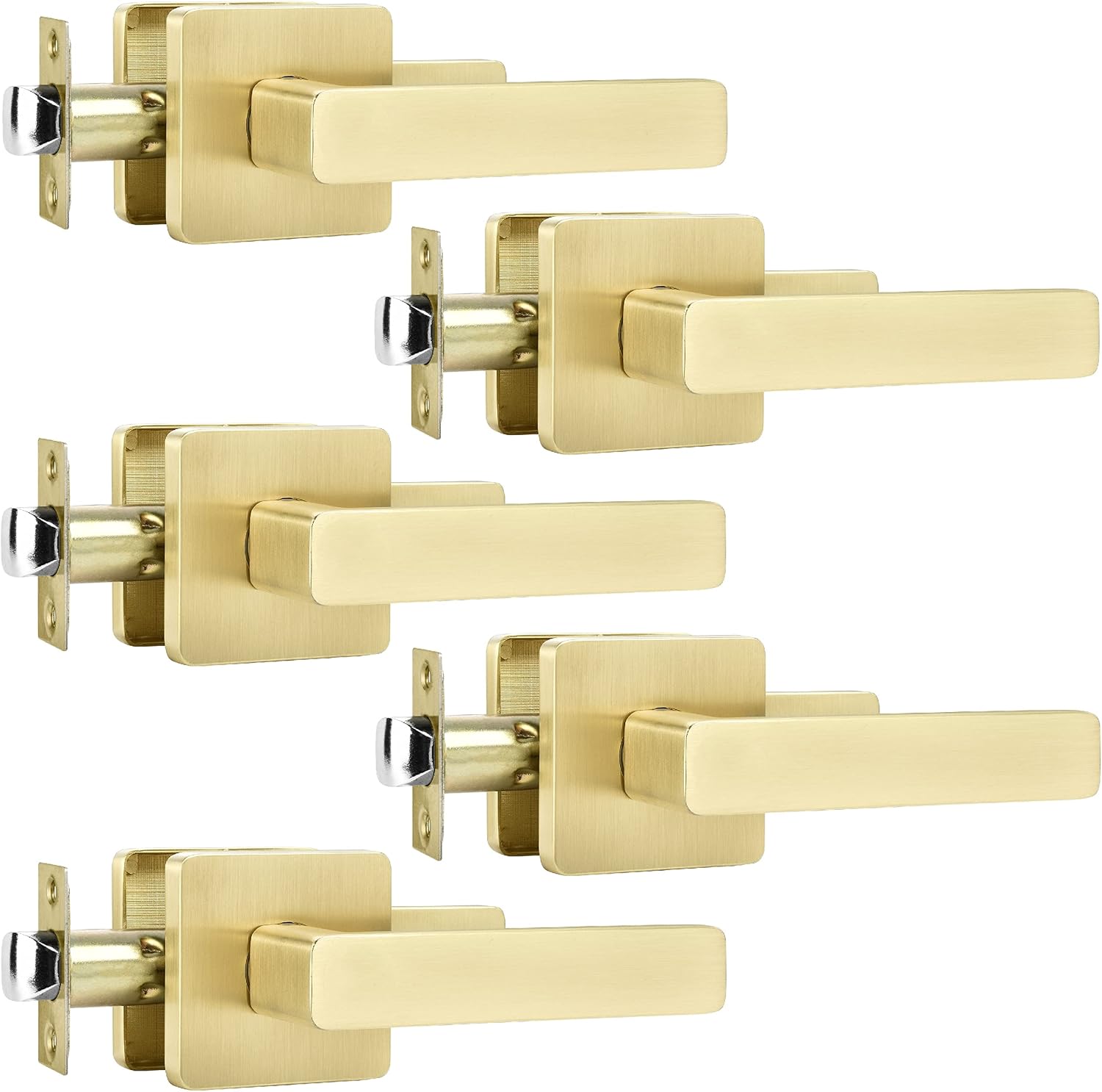 Leydebong 5 Pack Passage Door Handles, Satin Brass Door Knobs Interior, Hallway Closet Door Levers, Heavy Duty Square Door Handle, Reversible for Left or Right Handles