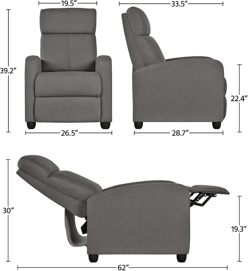 Yaheetech Fabric Recliner Chair Set of 2, Upholstered Reclining Sofa Chair with Pocket Springs for Living Room, Home Theater Seating with Thicker Seat Cushion, Gray
