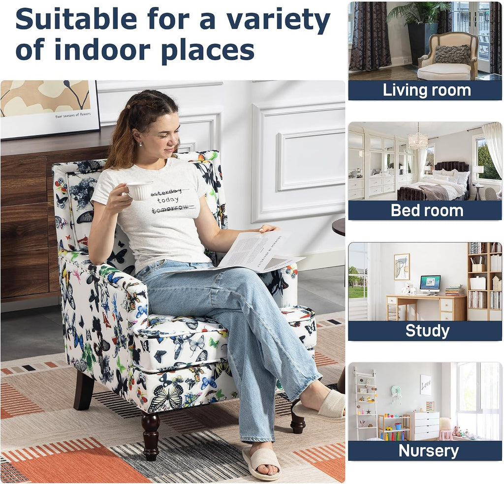Accent Chair, Modern Comfy Mid-Century Accent Chairs, Linen Upholstered Wingback Lounge Arm Chair with Solid Wood,Single Floral Pattern Sofa Chair for Living Room/Office/Balcony/Bedroom