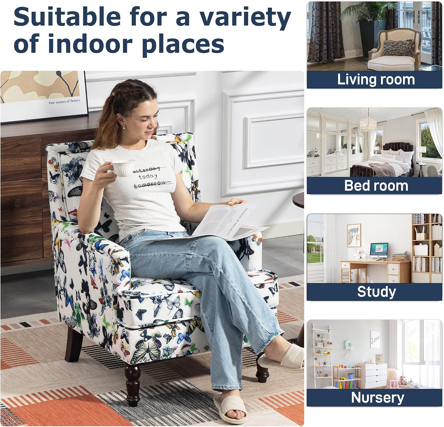 Accent Chair, Modern Comfy Mid-Century Accent Chairs, Linen Upholstered Wingback Lounge Arm Chair with Solid Wood,Single Floral Pattern Sofa Chair for Living Room/Office/Balcony/Bedroom