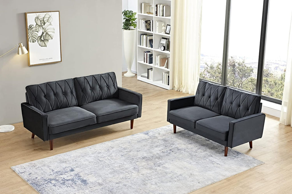 Container Furniture Modern Style Tufted Velvet Couches for Living Room with Soft Fabric Upholstery and Solid Wood Frame, 2 Piece Sofa and Loveseat Set, Black