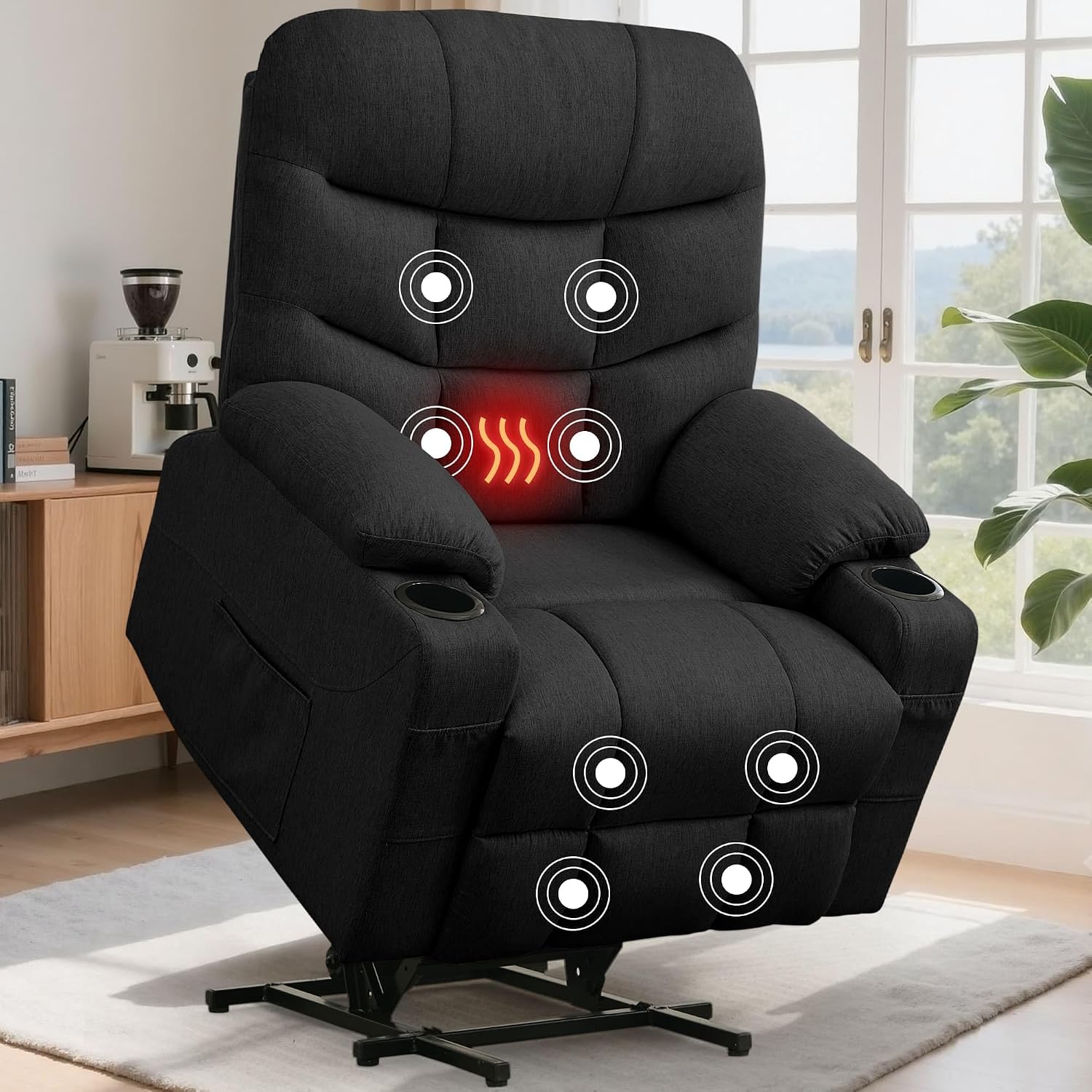 Korser Power Recliner Chair with Massage and Heating, Electric Recliner Chair for Elderly and Adults, Power Lift Recliner with Remote Control and Cup Holders for Living Room, Linen Fabric, Black
