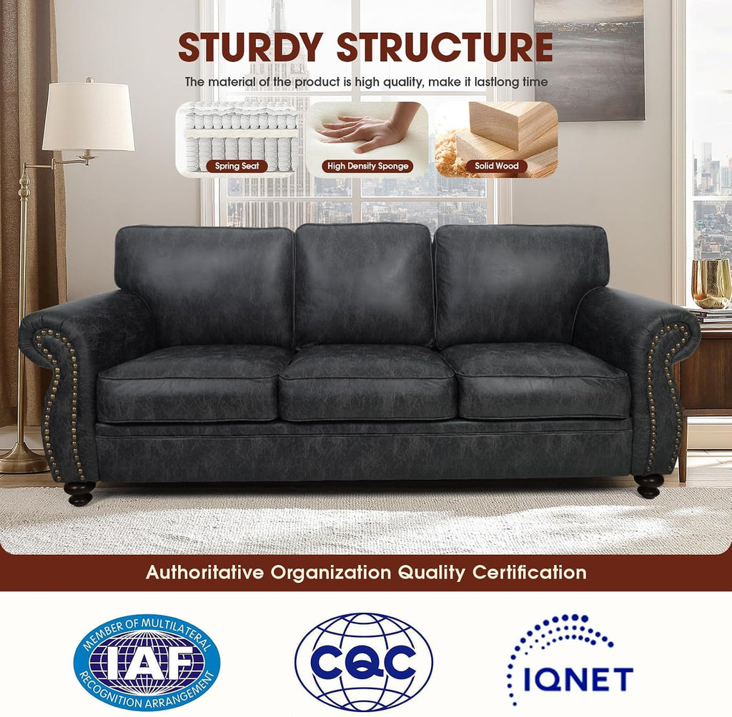 Couchus Mid-Century Vintage Sofa Couches with Rivet Design,3-Seater Sofa,Removable Sofa Cover Upholstered Cushions and Solid Wood Frame (Grey, 3-Seater)