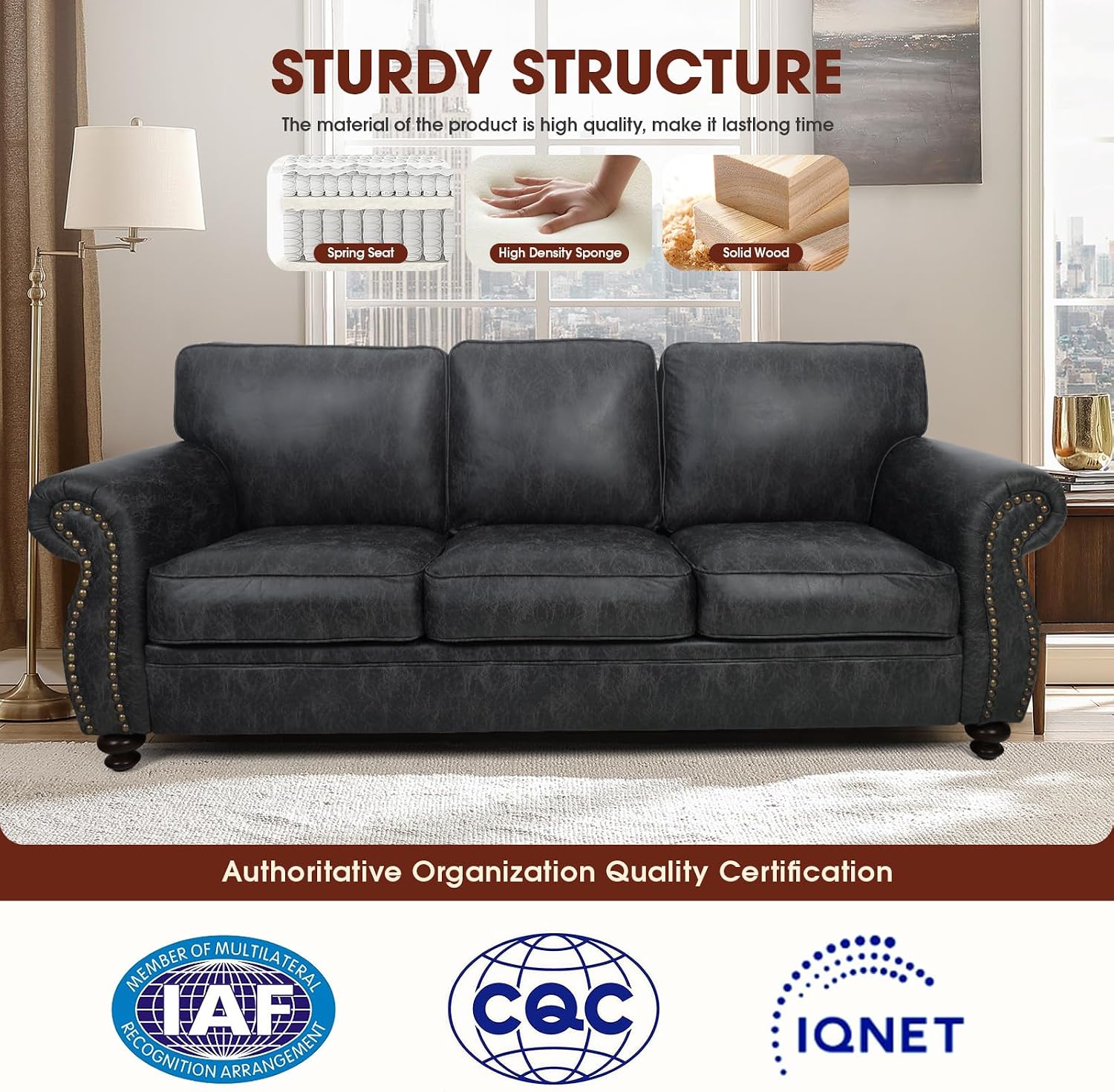 Couchus Mid-Century Vintage Sofa Couches with Rivet Design,3-Seater Sofa,Removable Sofa Cover Upholstered Cushions and Solid Wood Frame (Grey, 3-Seater)