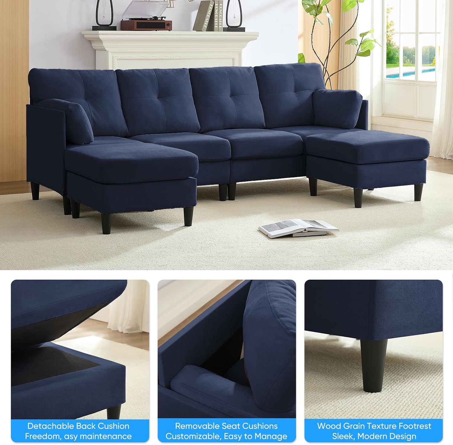 PUREMIND Sectional Couches for Living Room, Modern Snow Velvet U-Shaped Sofa Couch with Double Chaise, Upholstered 4 Seater Home Sofa for Living Room, Apartment, Office,Blue