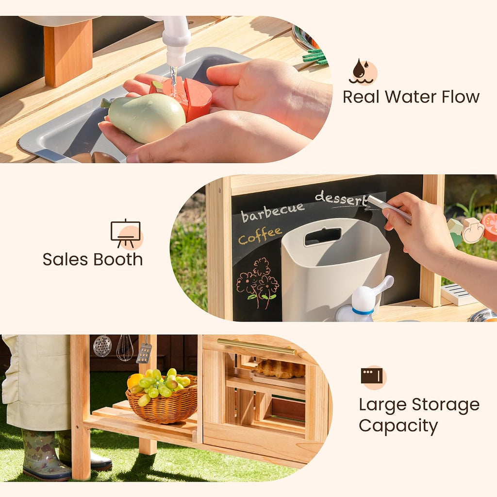 ROBOTIME Kids Mud Kitchen, Wooden Mud Kitchen for Kids Outdoor with Real Water Play Sink, BBQ Grill, Coffee Maker & Planting Station, Large Storage Outdoor Play Kitchen, Kitchen Toys for Ages 3+