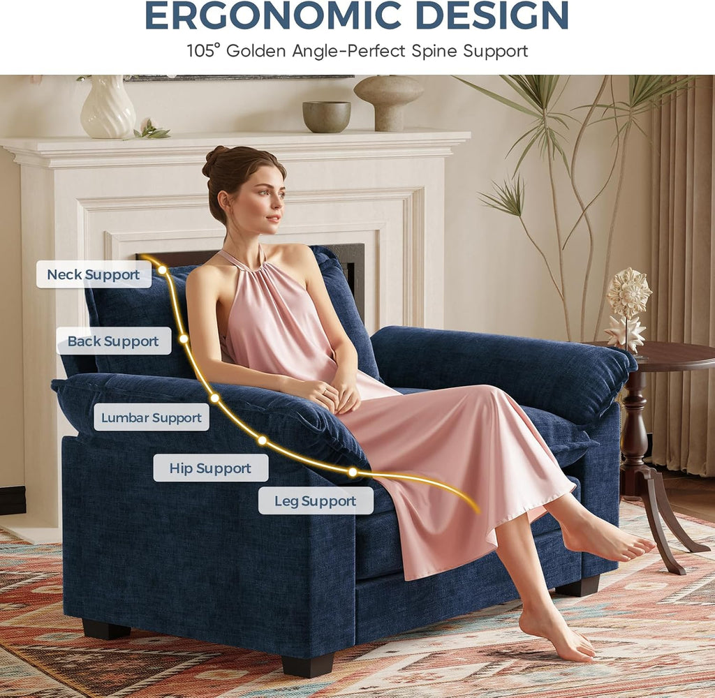 HUSFU 49.5'' W Oversized Accent Chair, Chenille Cloud Sofa Chair with Deep Seat and Extra Wide Armrests, Comfy Reading Armchair for Bedroom, Living Room, Blue