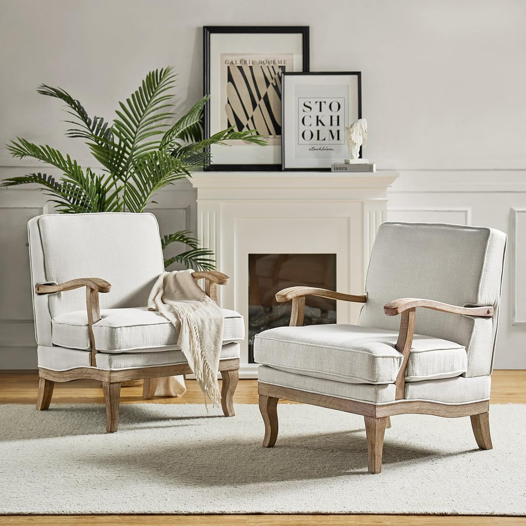 HULALA HOME Mid-Century Modern Accent Chair Set of 2, Upholstered Living Room Lounge Chair, Comfy Armchair with Solid Wood Legs & Removable Cushion, Bedroom Lounge Room Sofa Chair (Ivory)