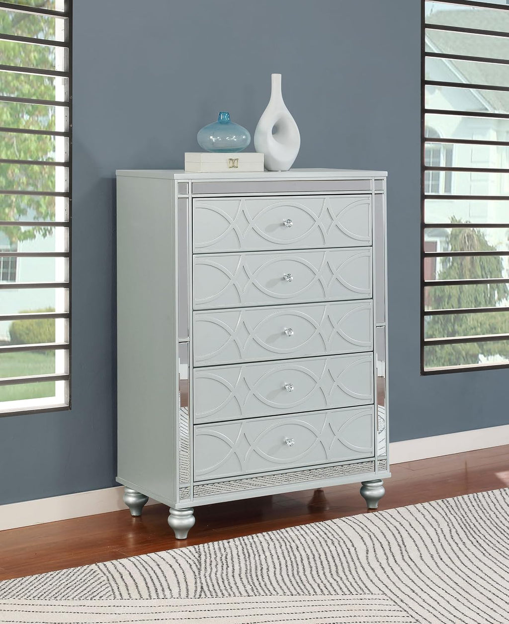 Coaster Home Furnishings Gunnison Modern Classic Wood 5-Drawer Bedroom Chest of Drawers Chiffonier Clothing Storage Cabinet Bedroom Armoire Tall Dresser Organizer Unit Silver Metallic 223215