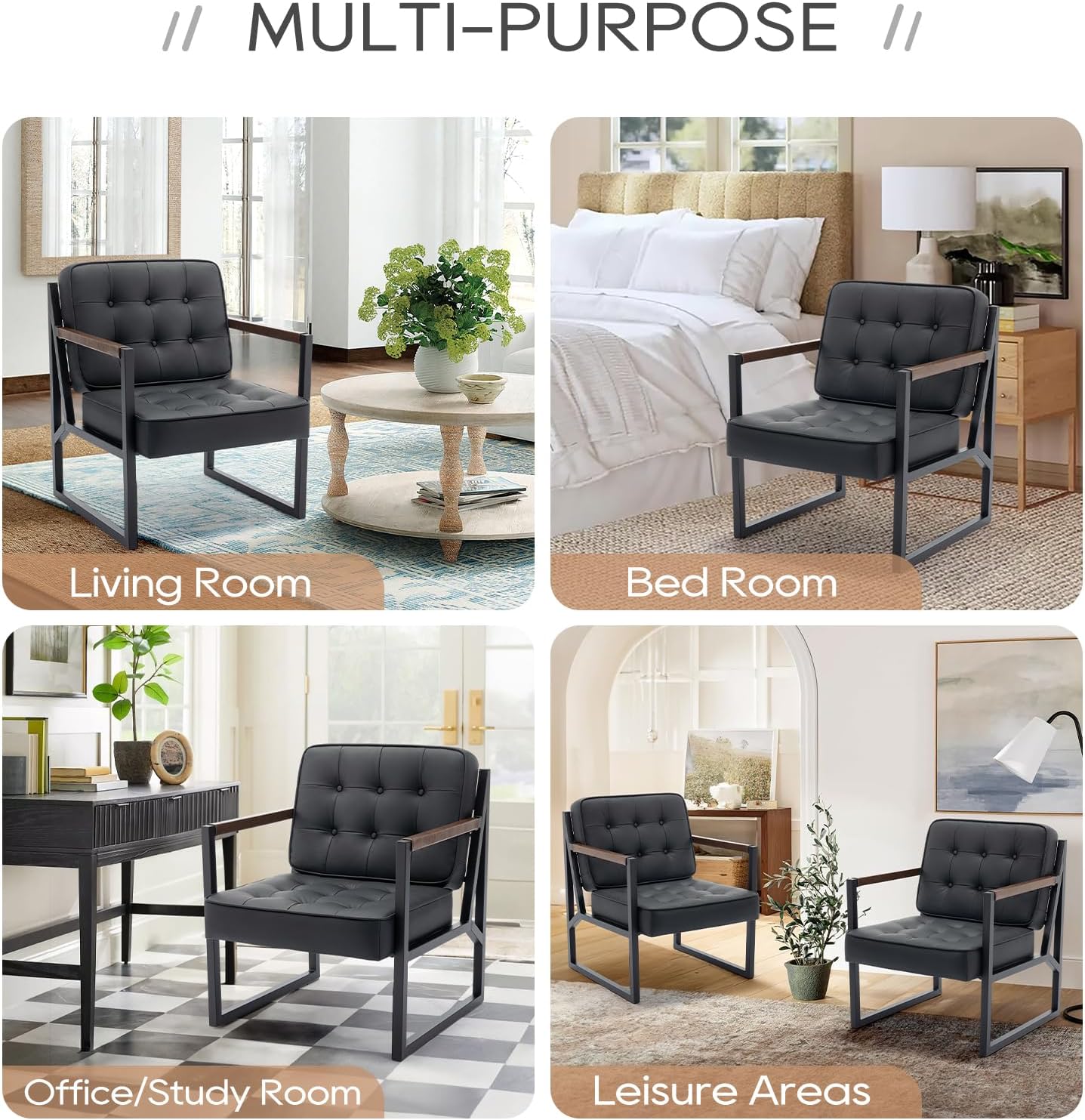 MALOL Black Leather Accent Chair, Accent Arm Chair for Living Room, Comfy Armchair with Metal Legs for Living Room Bedroom Reception Waiting Room