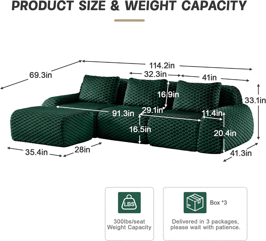 KEIKI 114' Oversized 3-Seater Boneless Couches for Living Room, Compact Modular Sectional Velvet Sofa, Deep Seat Cozy Foam Lounge Couch No Assembly for Apartment Space, Modern Comfort Design, Green