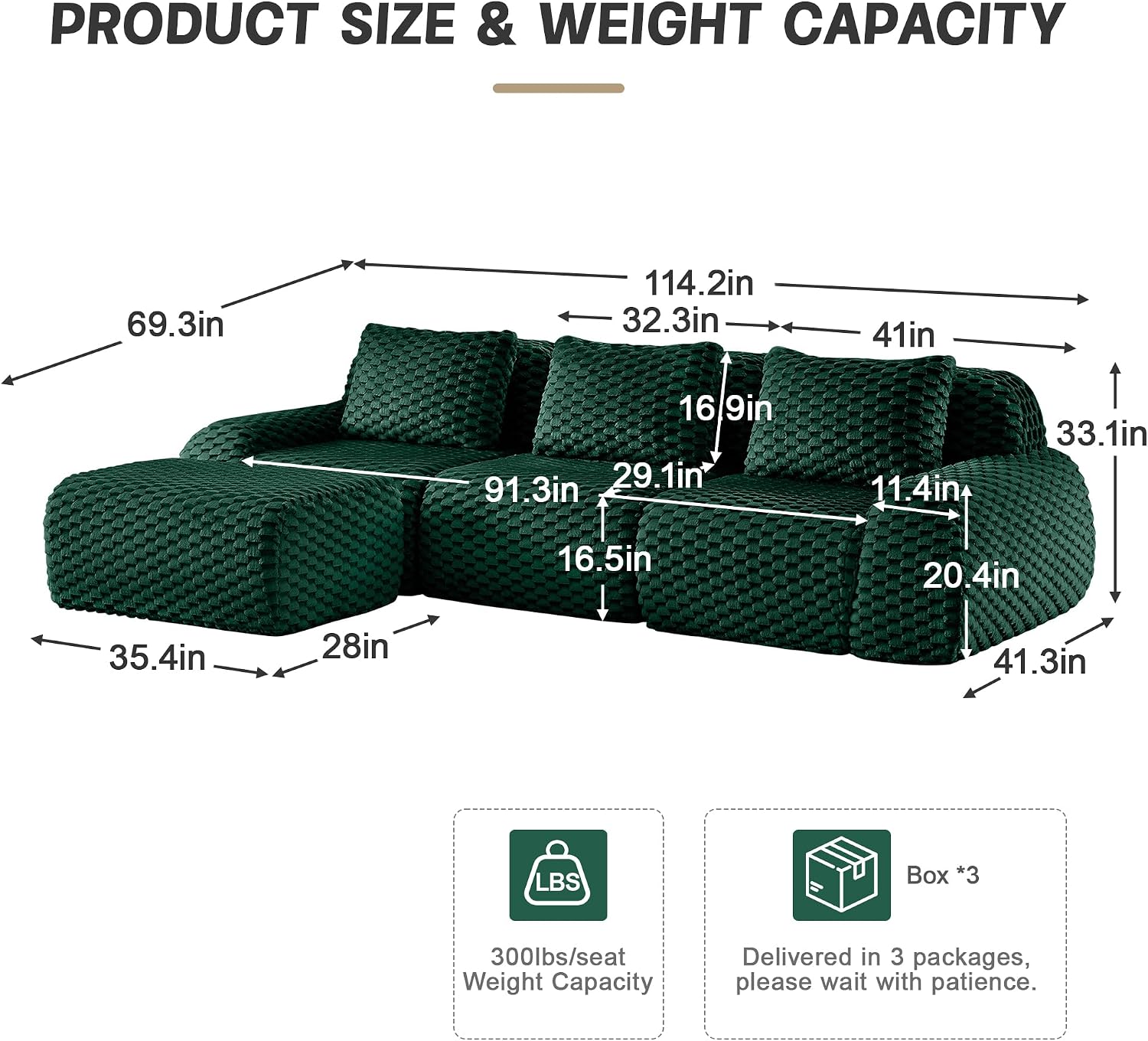 KEIKI 114' Oversized 3-Seater Boneless Couches for Living Room, Compact Modular Sectional Velvet Sofa, Deep Seat Cozy Foam Lounge Couch No Assembly for Apartment Space, Modern Comfort Design, Green