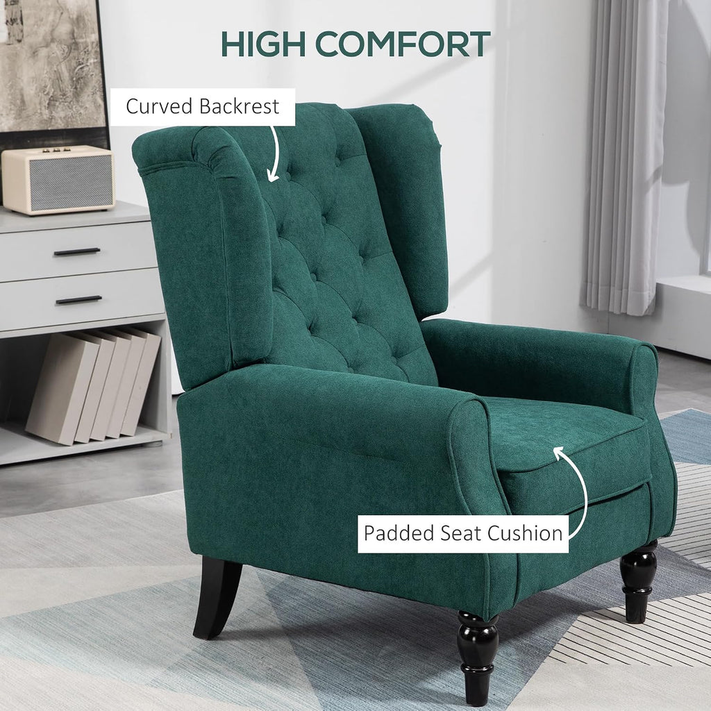 HOMCOM Mid-Century Modern Accent Chair, High Wingback Reading Chair, Button-Tufted Upholstered Fabric Armchair with Retro Wood Legs for Apartment, Living Room, Bedroom, Dark Green