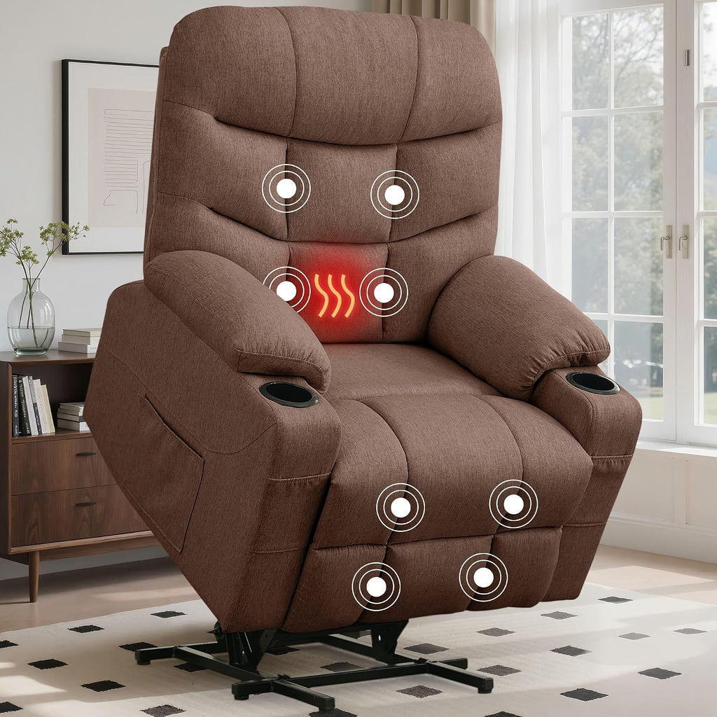 Korser Power Recliner Chair with Massage and Heating, Power Lift Recliner Chair for Elderly and Adults, Electric Recliner with Remote Control and Cup Holders for Living Room, Linen Fabric, Brown