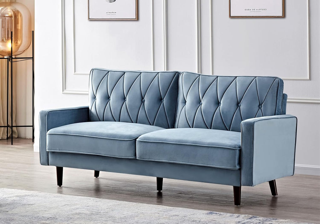 Container Furniture Modern Style Tufted Velvet Couches for Living Room with Soft Fabric Upholstery and Solid Wood Frame, 2 Piece Sofa and Loveseat Set, Light Grayish Cyan
