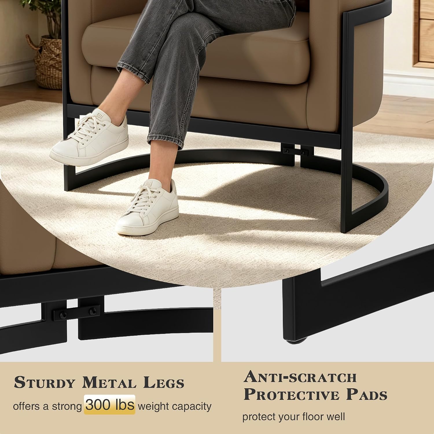Faux Leather Accent Chair Modern Barrel Chair with Sturdy Metal Legs Upholstered Armchair for Bedroom Living Room Sofa Chair Club Side Chairs Brown