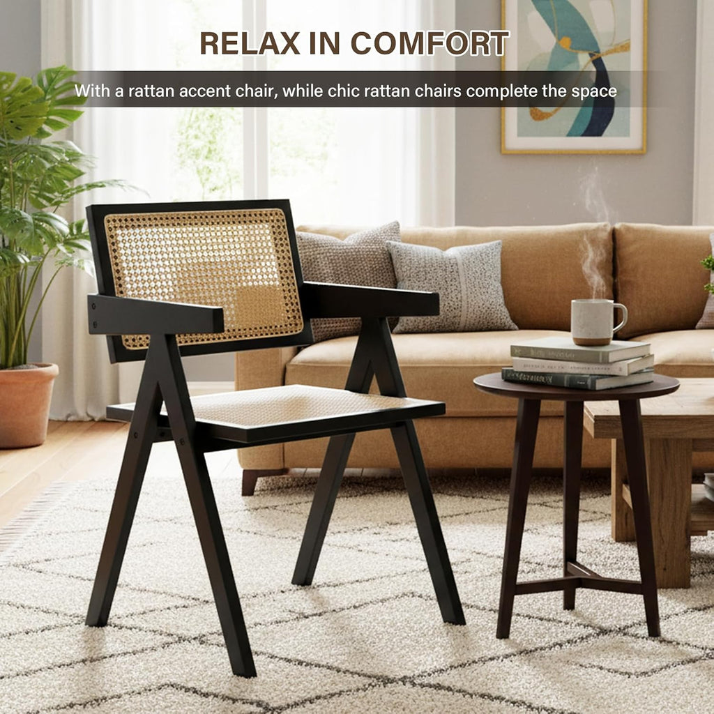 Furlide Rattan Dining Chairs Set of 2, Modern Mid Century Dining Chairs with Arms, Outdoor Bamboo Chairs for Bedroom, Living Room, Reading Room, Black