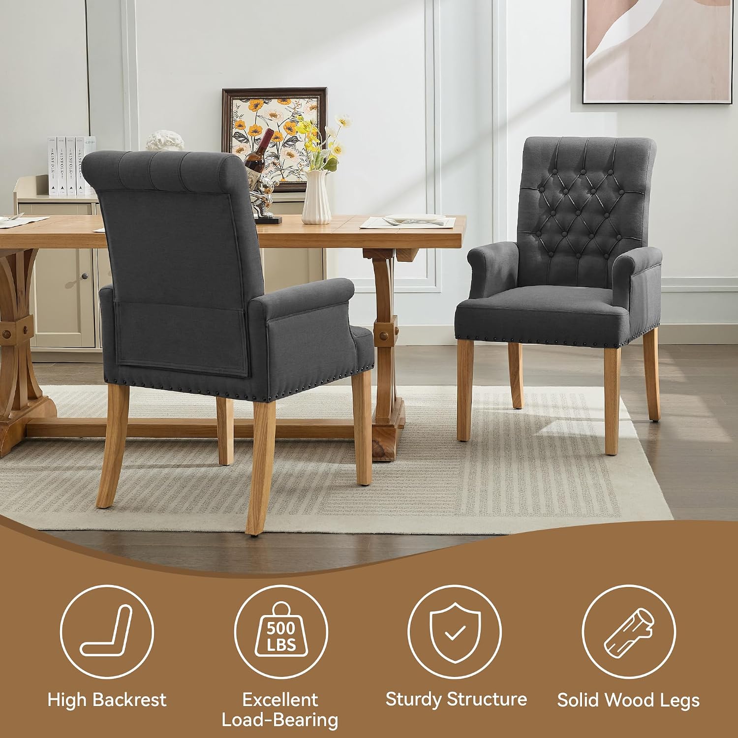 WUTUTUEE Fabric Dining Chair with Arms, Upholstered Tufted High Back Dining Room Chairs, Accent Armchair with Solid Wood Leg and Nailhead Trim, Kitchen Dining Living Room, Dark Grey
