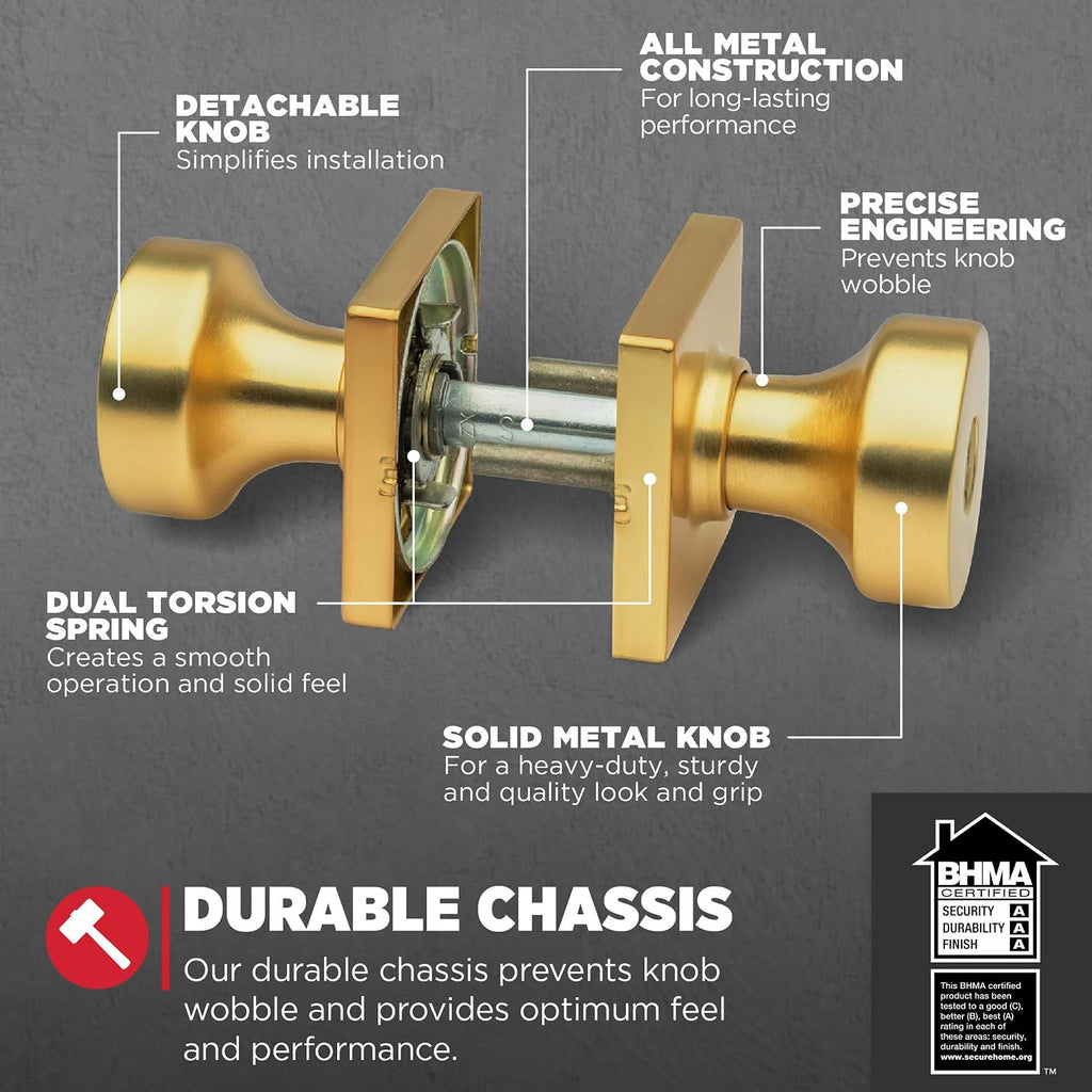 Kwikset Pismo Entry Door Knob with Lock and Key, Secure Keyed Handle Exterior, Front Entrance and Bedroom, Satin Brass, 4 Pack, Pick Resistant SmartKey Rekey Security