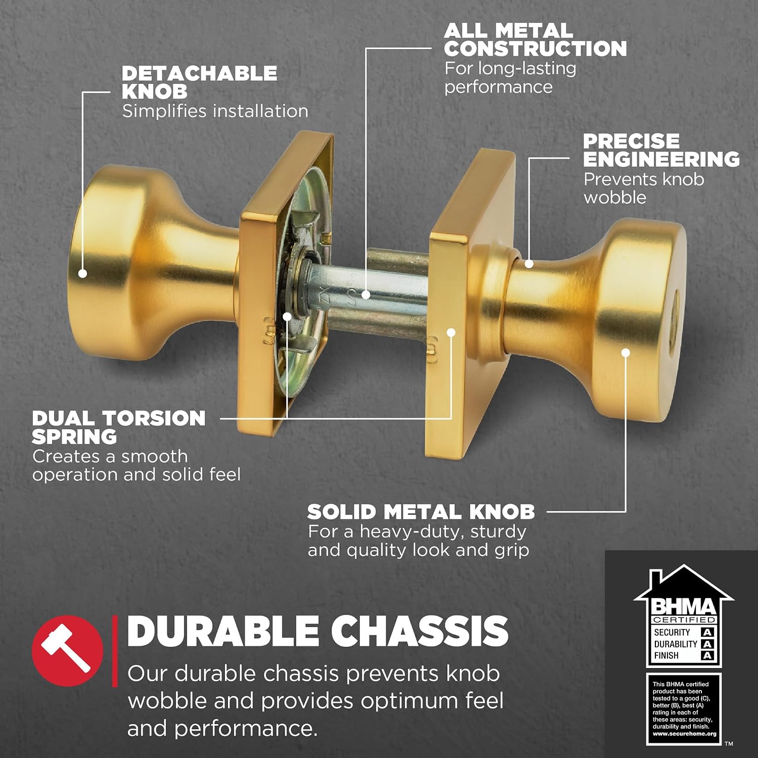 Kwikset Pismo Entry Door Knob with Lock and Key, Secure Keyed Handle Exterior, Front Entrance and Bedroom, Satin Brass, 4 Pack, Pick Resistant SmartKey Rekey Security