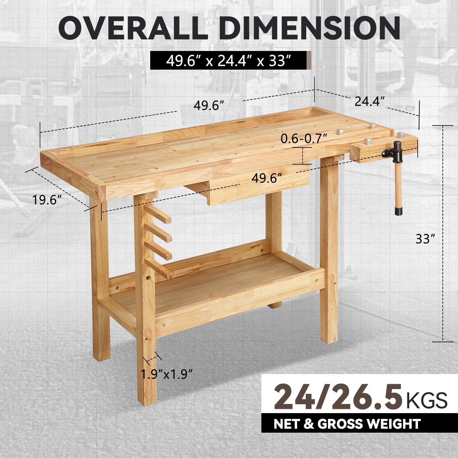 Auto Dynasty 50' Wood Workbench, Heavy Duty Woodworking Bench with Adjustable Handle, 300Lbs Load Capacity Woodworking Table Work Bench with Storage for Garage, Workshop, Home (Natural)