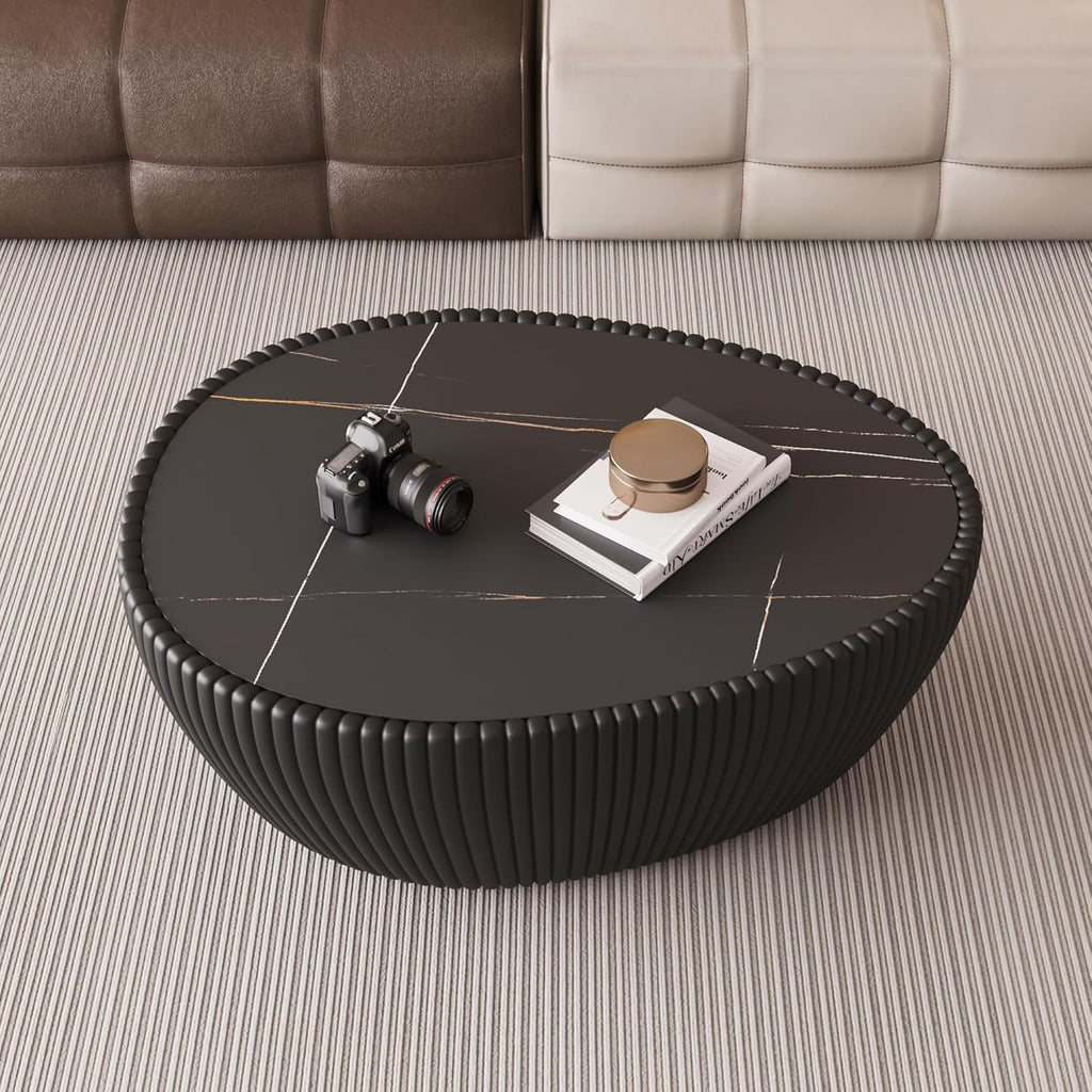 KEIKI 32.1' Goose Eggs Shape Coffee Table, Modern Sofa Side Table with Marble Top & Leather Wrap, Small End Table for Living Room, Bedroom, Office, Black