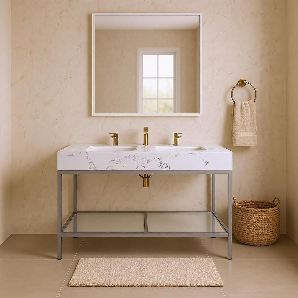 Meridian Furniture 408White-60 Marmo Collection Modern | Contemporary Bathroom Vanity with White Engineered Stone with Grey Veining, Brushed Chrome Stainless Steel Base, 60' W x 23' D x 34' H, White