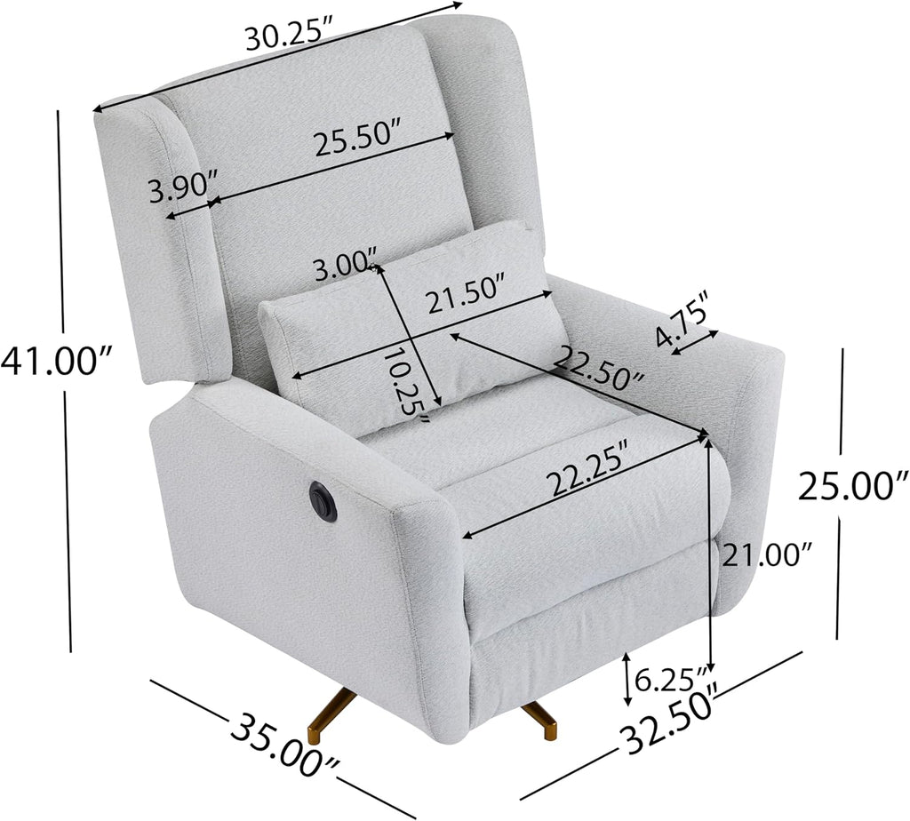 Christopher Knight Home Dolia Fabric Upholstered 360° Swivel Chair, Push-Back Power Recliner Chair, Iron Recliner Sofa with Rotation, Living Room Lounge Sofa, Adjustable Backrest, Gold + Light Grey