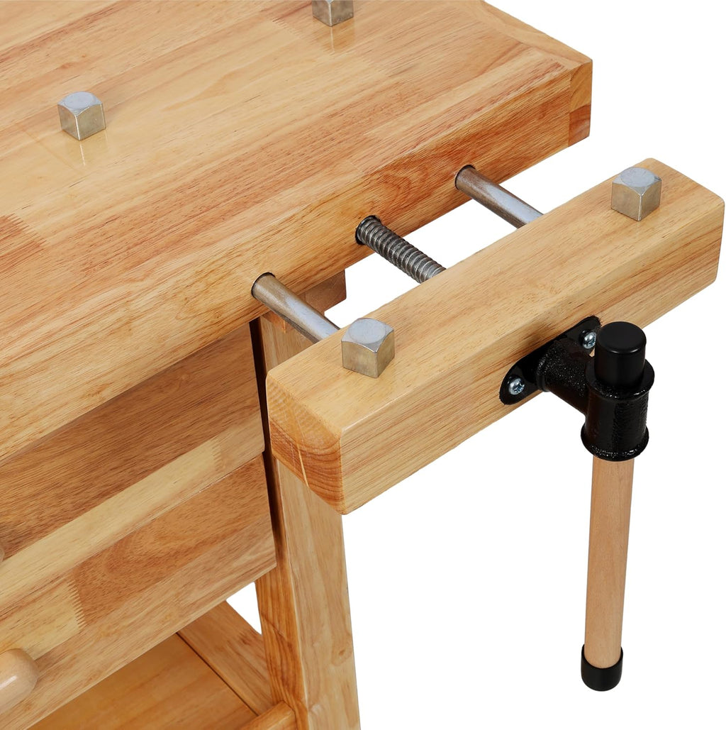 Montary 60-Inch Rubber Hardwood Workbench with 4 Drawers & Shelf, 330LBS Heavy Duty Portable Work Bench with Adjustable Handle, Woodworking Table for Garage, Workshop & Home Storage