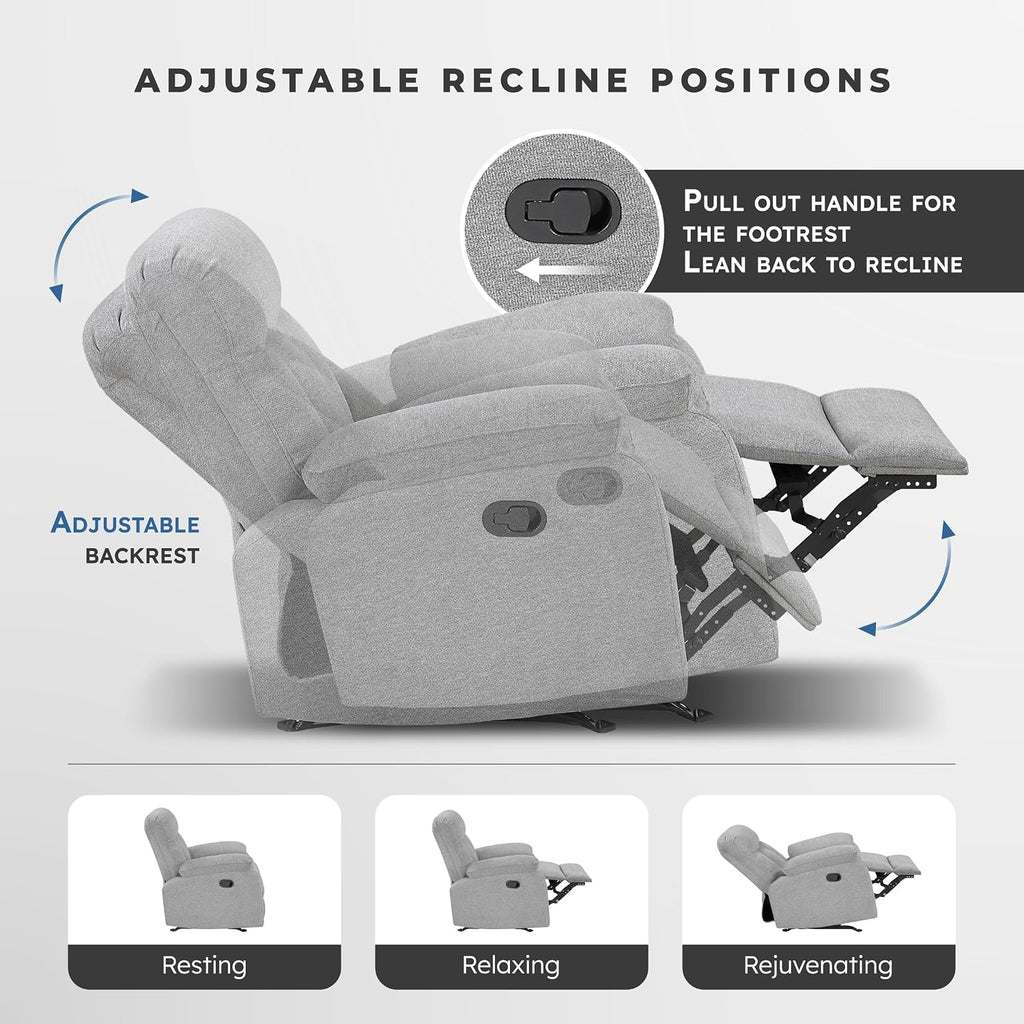 Lexicon Manual Rocker Recliner Chair for Living Room, Chenille Fabric Upholstered Rocking Reclining Chair, Home Theater Seating, Easy Assembly, Recliner, Gray