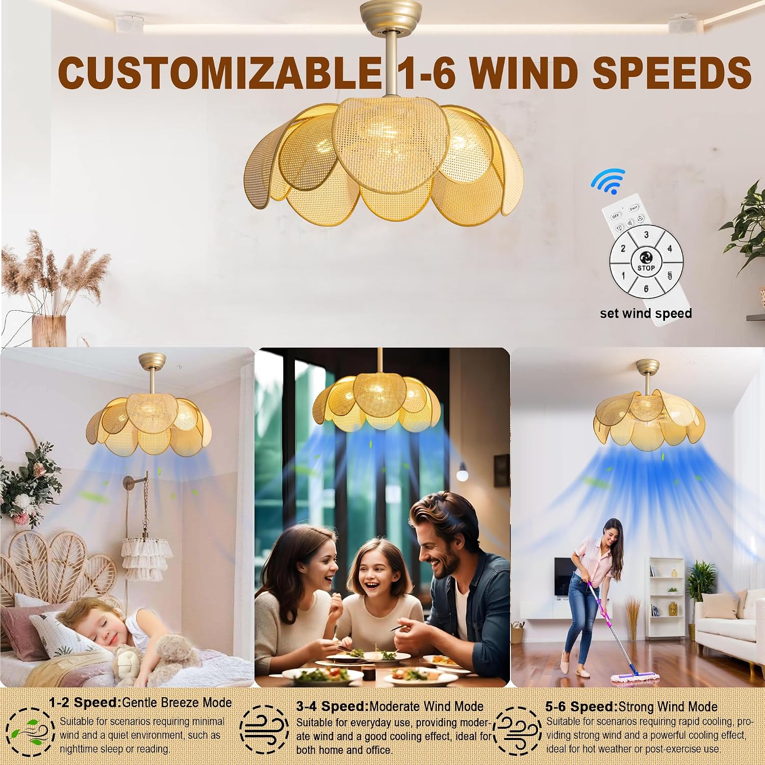 Rattan fandelier Ceiling Fans with Lights, Fandelier Chandelier Ceiling Fan and Remote,Boho,Flush Mount,Low Profile,for Bedroom,Living Room,(25.5 Inch,6 Speed