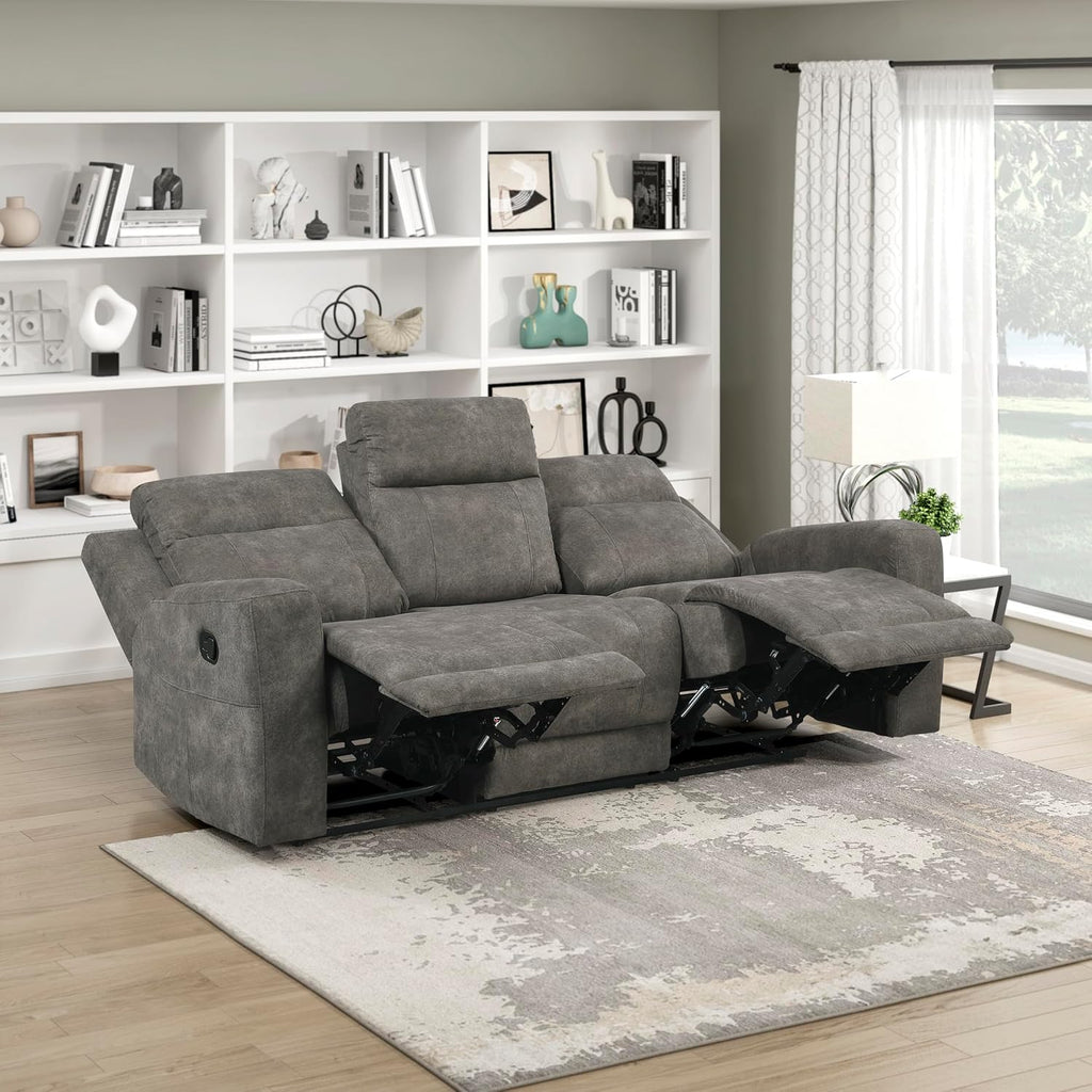 Lexicon Manual Double Reclining Sofa, Textured Microfiber Upholstered 3 Seater Manual Sofa Recliner for Living Room, Wall Hugger, Track Arm, Easy Assembly, Brown