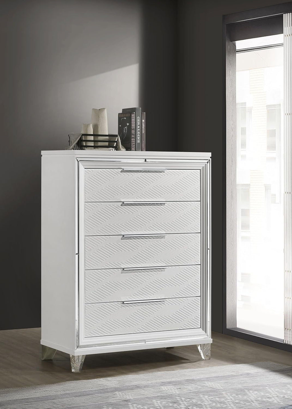 Coaster Home Furnishings Marmore Contemporary Wood 5-Drawer Bedroom Chest of Drawers Chiffonier Clothing Storage Cabinet Bedroom Armoire Tall Dresser Organizer Unit White 224965
