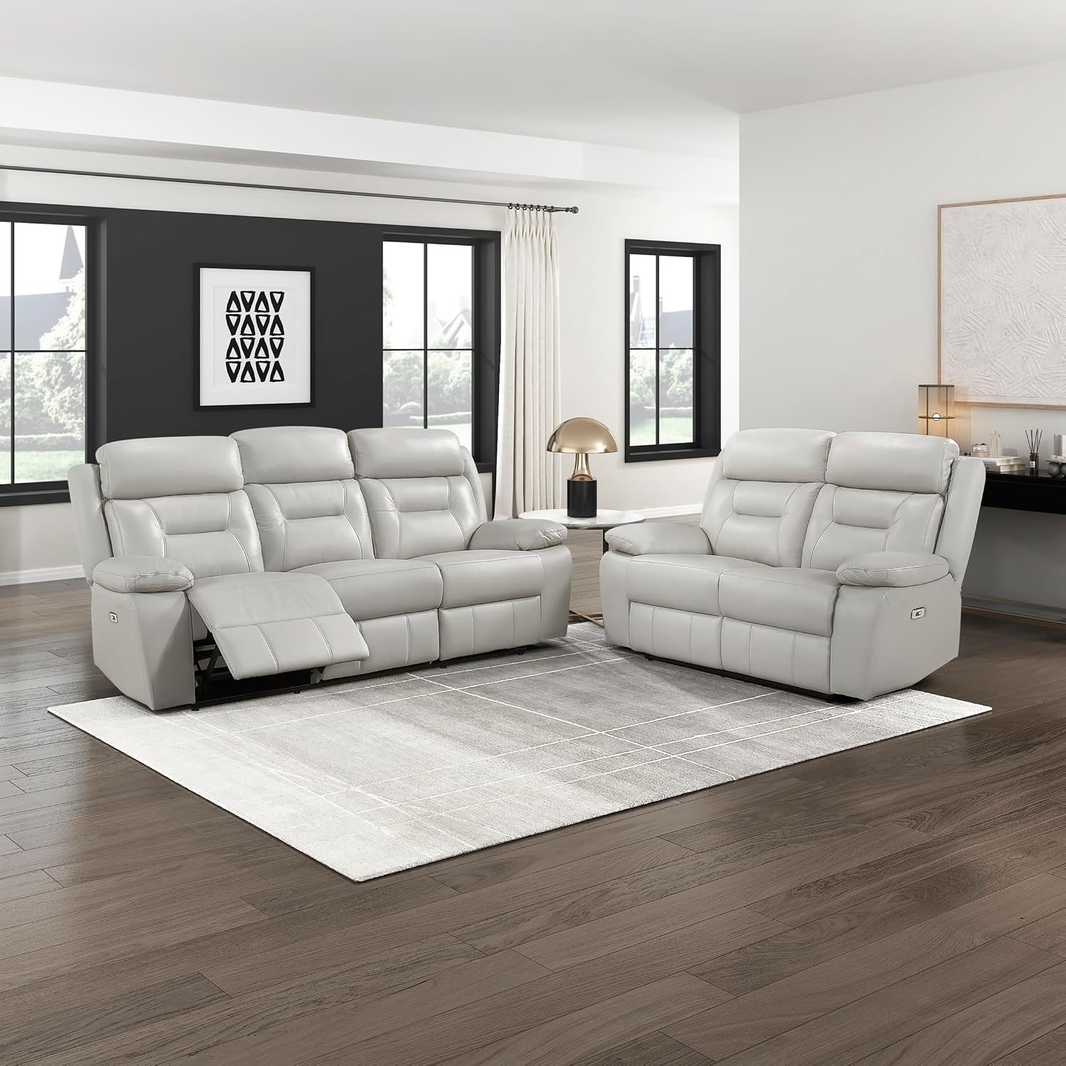 Lexicon Recliner Living Room Set, Top Grain Leather Recliner Couch, Home Theater Seating, Wall Hugger Power Reclining Sofa, Includes Dual Reclining Couch & Loveseat, 2-Piece Set, Silver