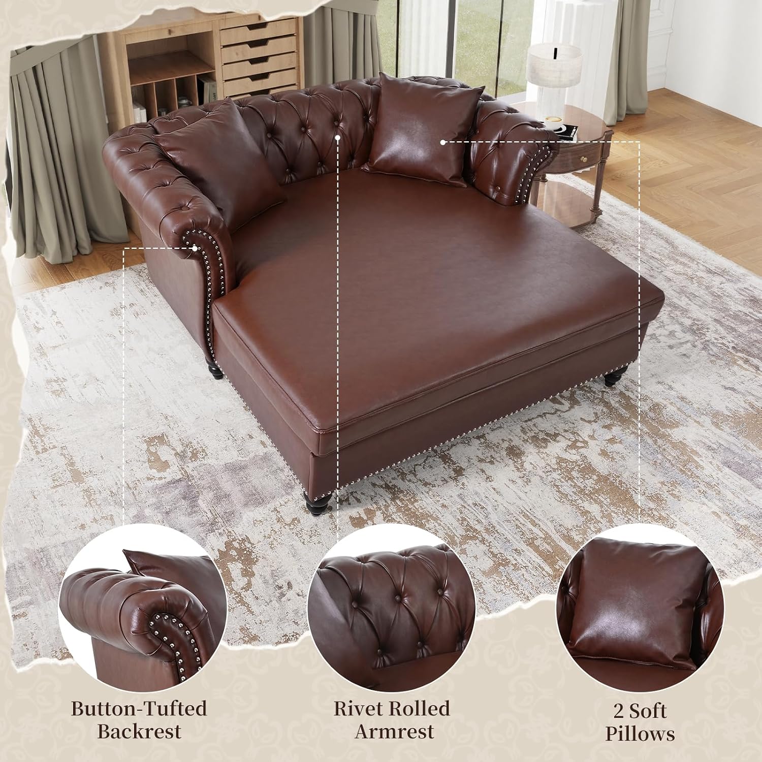 63' Oversized Chaise Lounge Comfy Reading Chair, Faux Leather Chesterfield Loveseat Sofa with Tufting Back & Rolled Arm with 2 Pillows, Comfy Couch for Indoor Relaxation, Living Room, Dark Brown