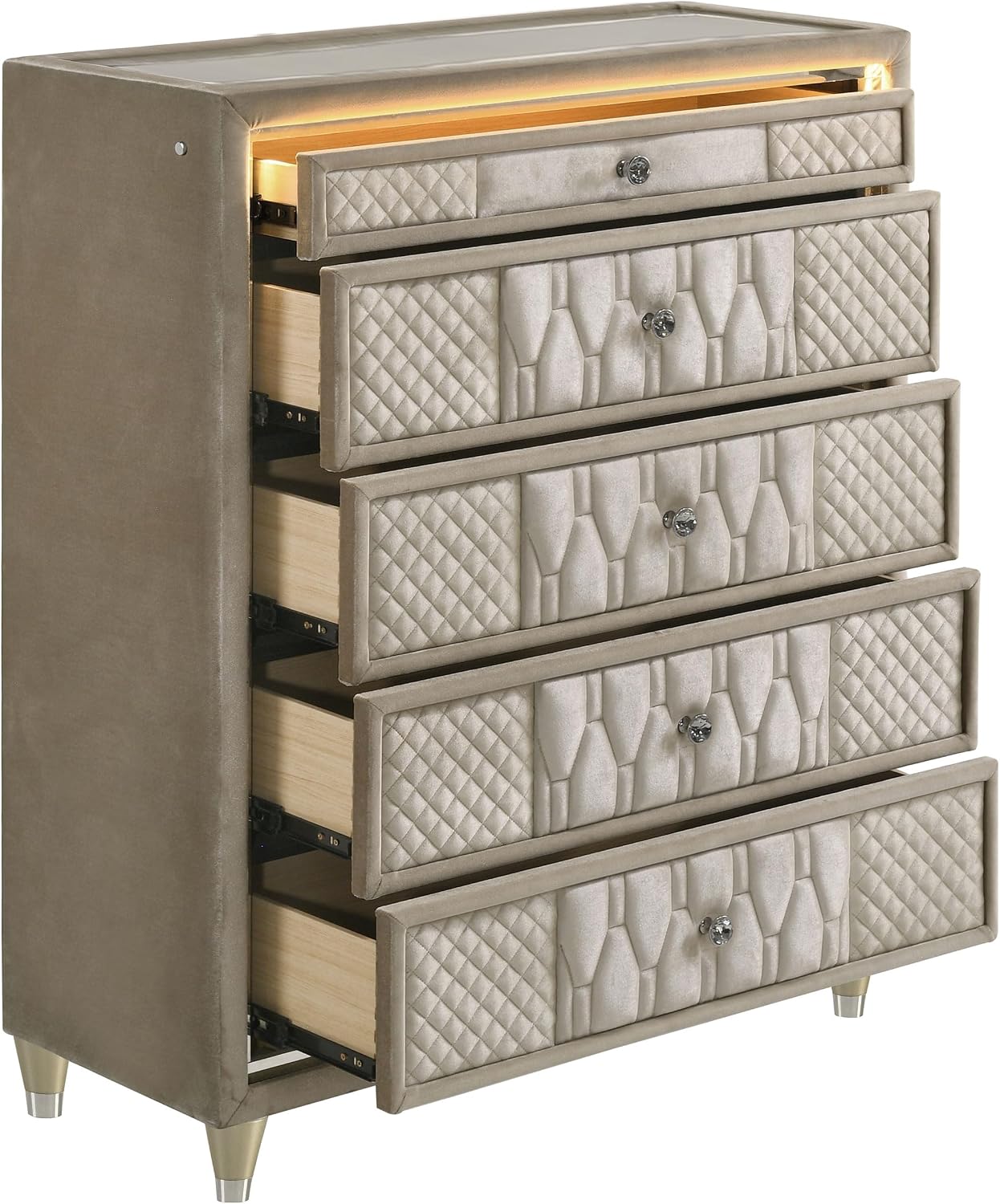 Coaster Home Furnishings - Lorient - Wood and Velvet - 5-Drawer Chest with Built-in LED Lighting, Crystal Knobs and English Dovetail Joinery - Bedroom - Ivory and Camel - 222665