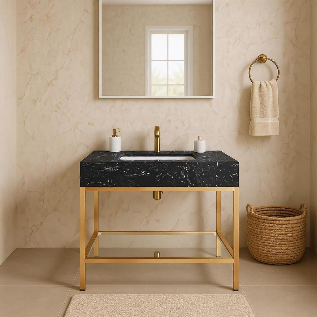 Meridian Furniture 406Black-30 Marmo Collection Modern | Contemporary Bathroom Vanity, Engineered Stone with White Veining, Brushed Brass Stainless Steel Base, 30' W x 23' D x 34' H, White