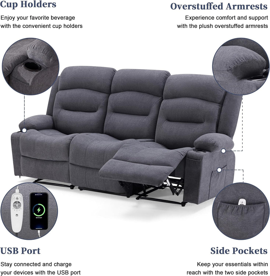 Weture Oversized Recliner Sofa with Heat and Massage, Wall-Hugger Reclining Sofa with Cup Holders and USB Port, Big Large 3-Seater RV Recliner Couch Sofa for Living Room (Fabric, Grey)