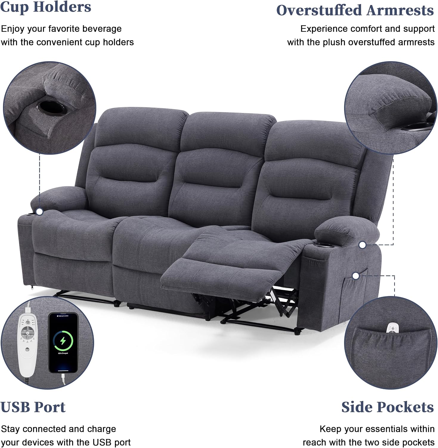 Weture Oversized Recliner Sofa with Heat and Massage, Wall-Hugger Reclining Sofa with Cup Holders and USB Port, Big Large 3-Seater RV Recliner Couch Sofa for Living Room (Fabric, Grey)