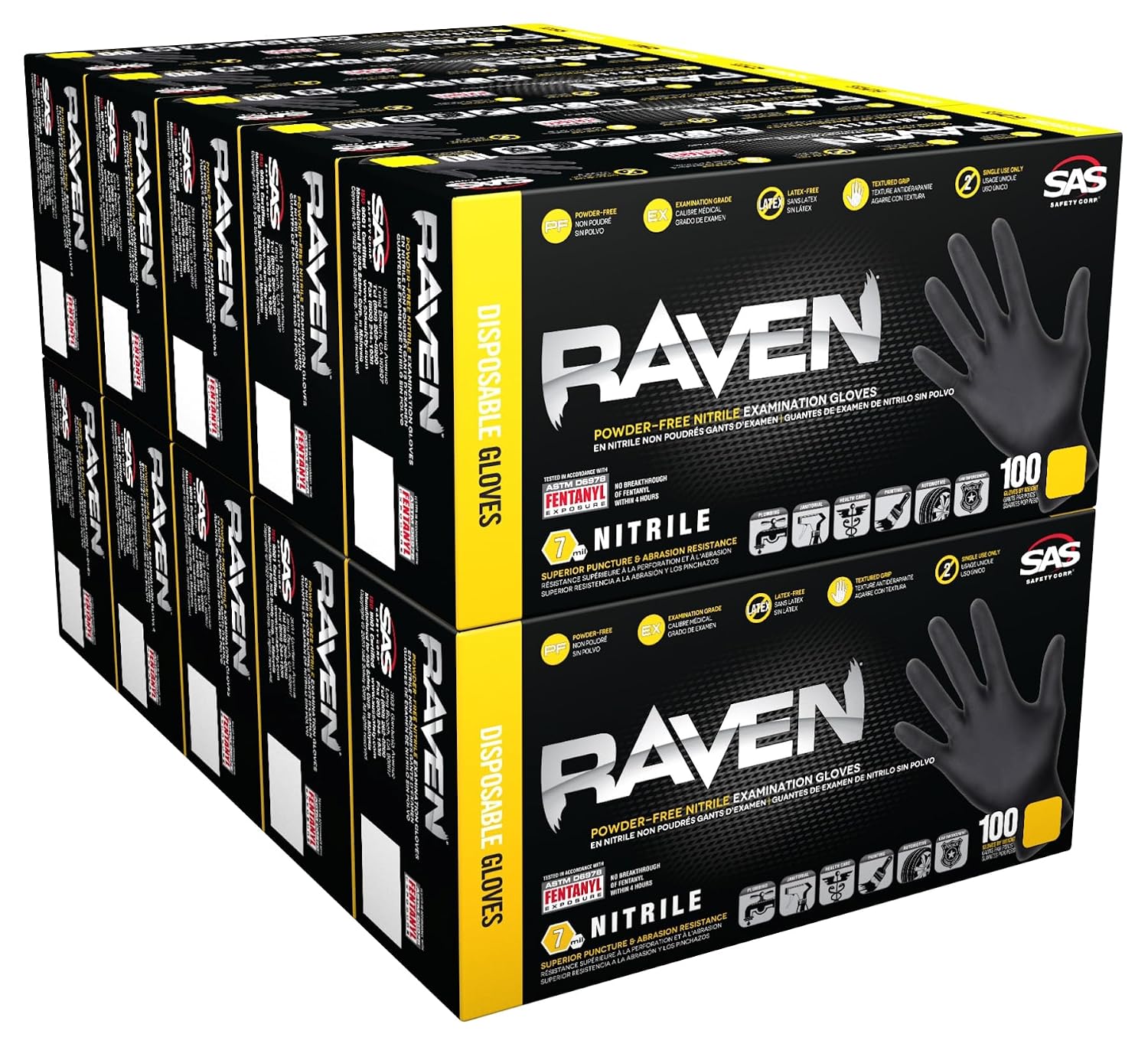10 Pack SAS Safety 66517 Raven 6 mil Black Nitrile Disposable Gloves 7 Mil - Medium (10 boxes of 100 each)