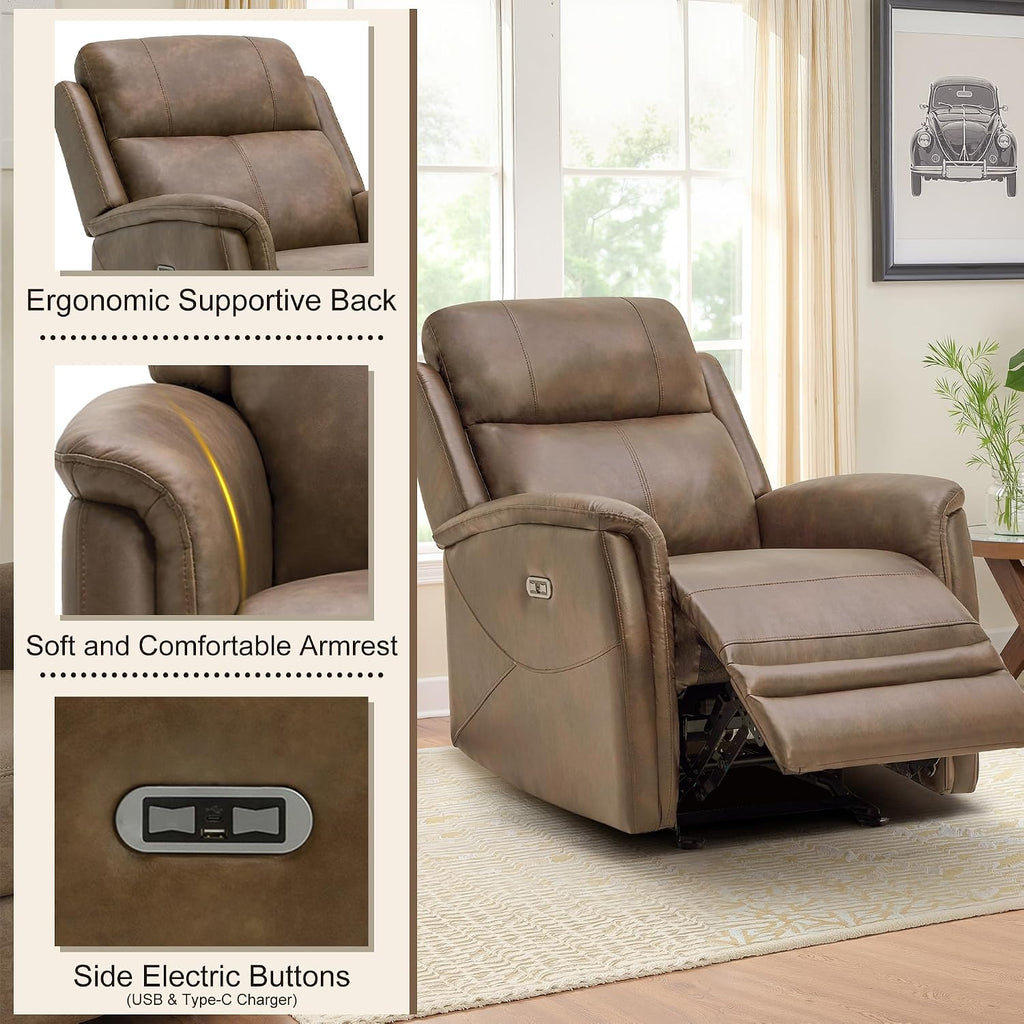 MROYAL Recliner Chair with USB & Type-C Port Faux Leather Recliner Chairs for Adults Recliner Sofa with Adjustable Footrest Recliner Chairs for Living Room, Office, Bedroom, Small Spaces, Brown