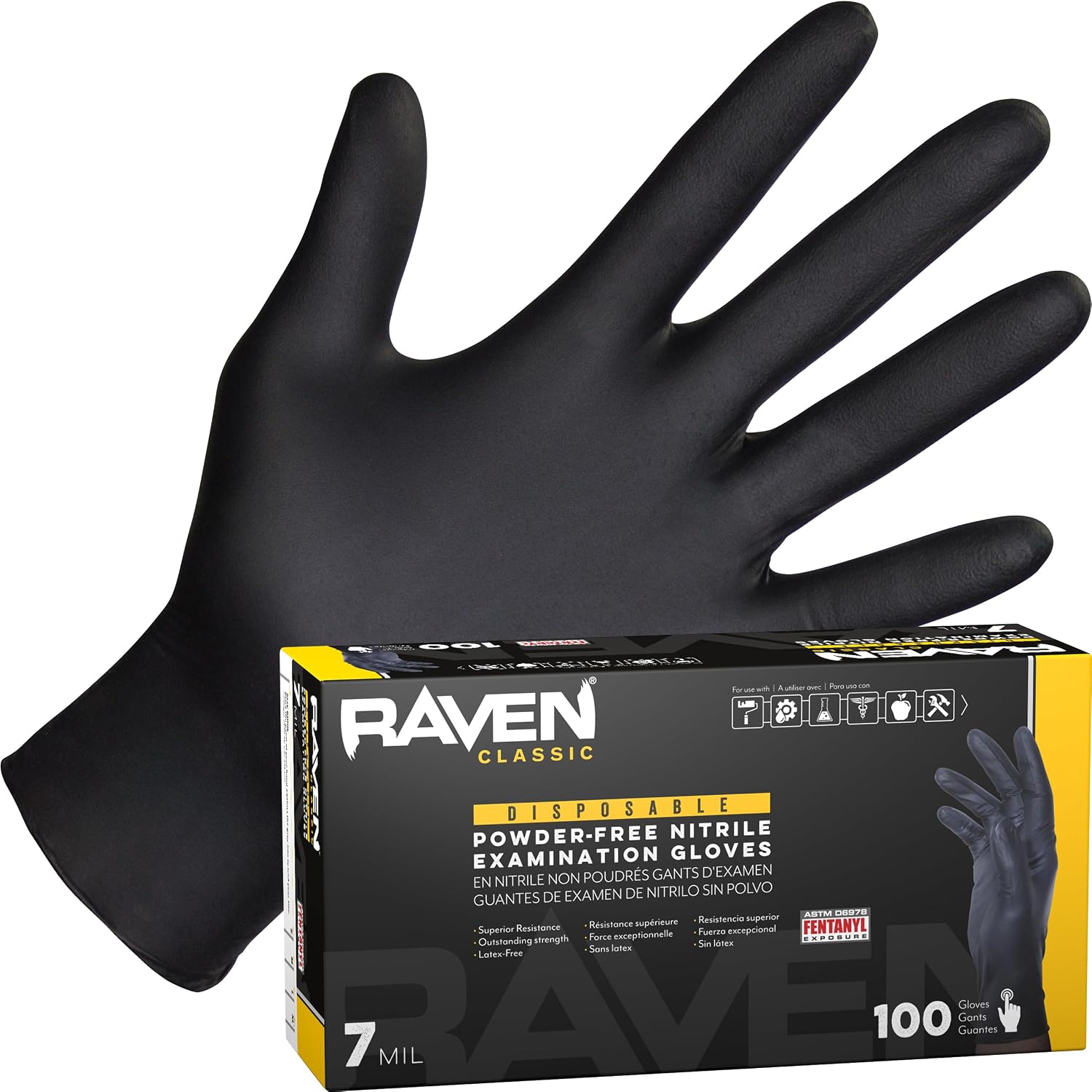 SAS Raven Powder Free Nitrile Disposable Gloves - 10 Boxes / 100 Ea. | 1000 Gloves Total |7 Mil - Sm | Latex Free, Chemical + Puncture Resistant, Textured Grip, Single Use | 66516, Black, Small